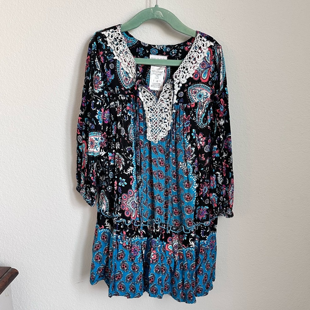 Boho Crochet Yoke Floral Tunic Dress - Black & Teal